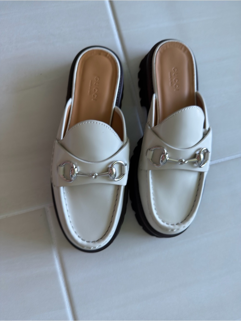 Gucci Cream Leather Horsebit Backless Loafers